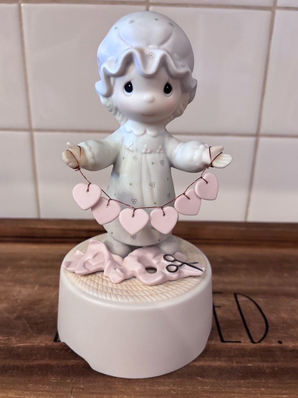 Precious Moments Music Box Figurine with Pink Heart Garland